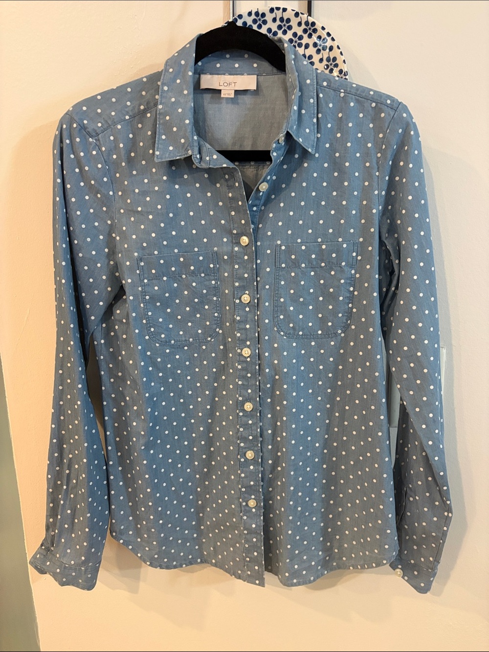 LOFT DENIM POLKA DOT BLOUSE